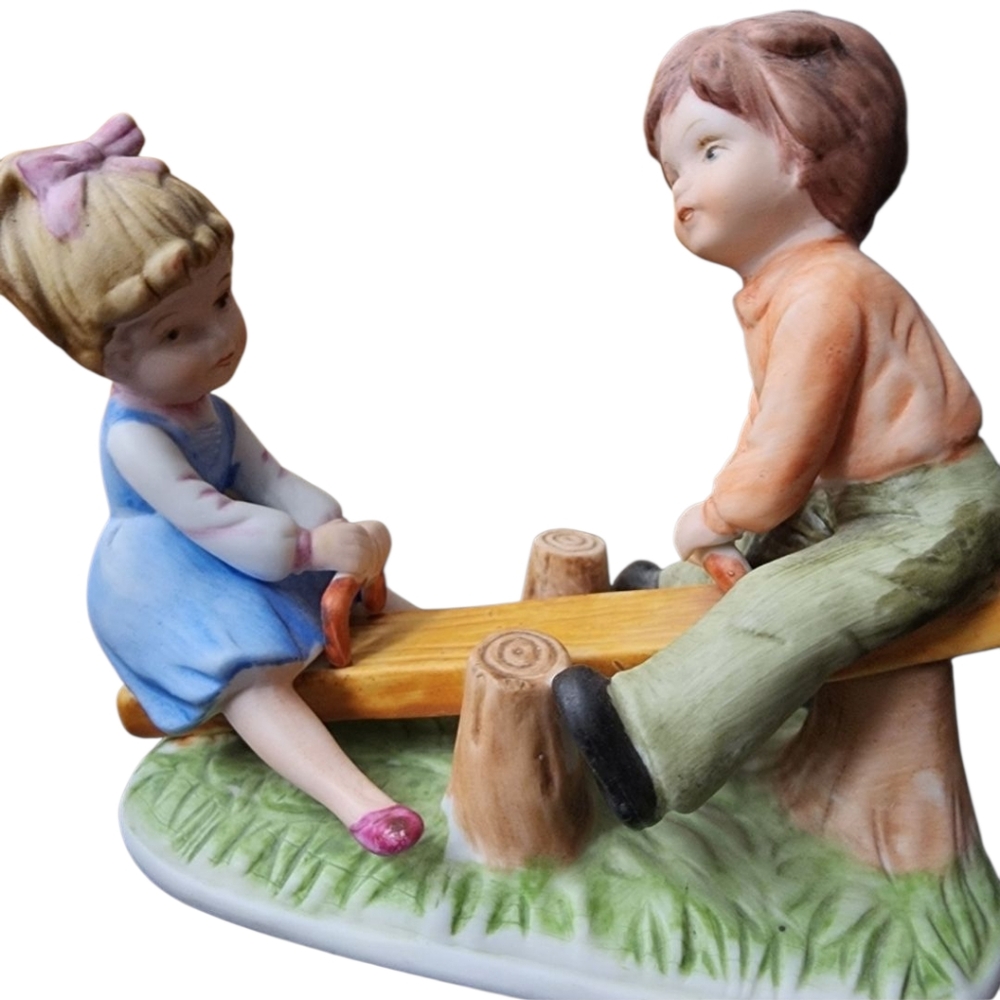 MAXAM HAND PAINTED PORCELAIN TAIWAN FIGURINE CHILDREN Boy / Girl PLAYING on SEES